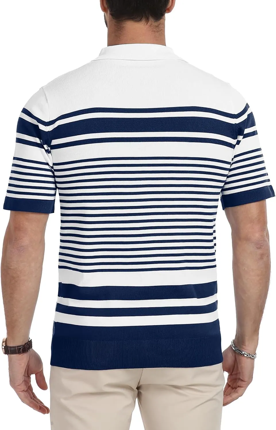 KUYIGO Men's Knit Collared Polo Shirts Short Sleeve Zipper Striped Tops Classic Fit Casual Soft T-Shirt