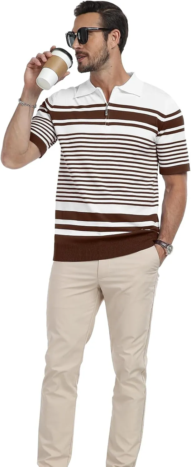 KUYIGO Men's Knit Collared Polo Shirts Short Sleeve Zipper Striped Tops Classic Fit Casual Soft T-Shirt