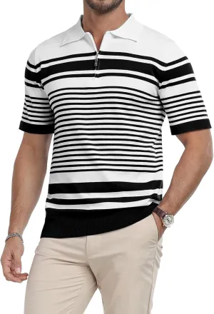 KUYIGO Men's Knit Collared Polo Shirts Short Sleeve Zipper Striped Tops Classic Fit Casual Soft T-Shirt