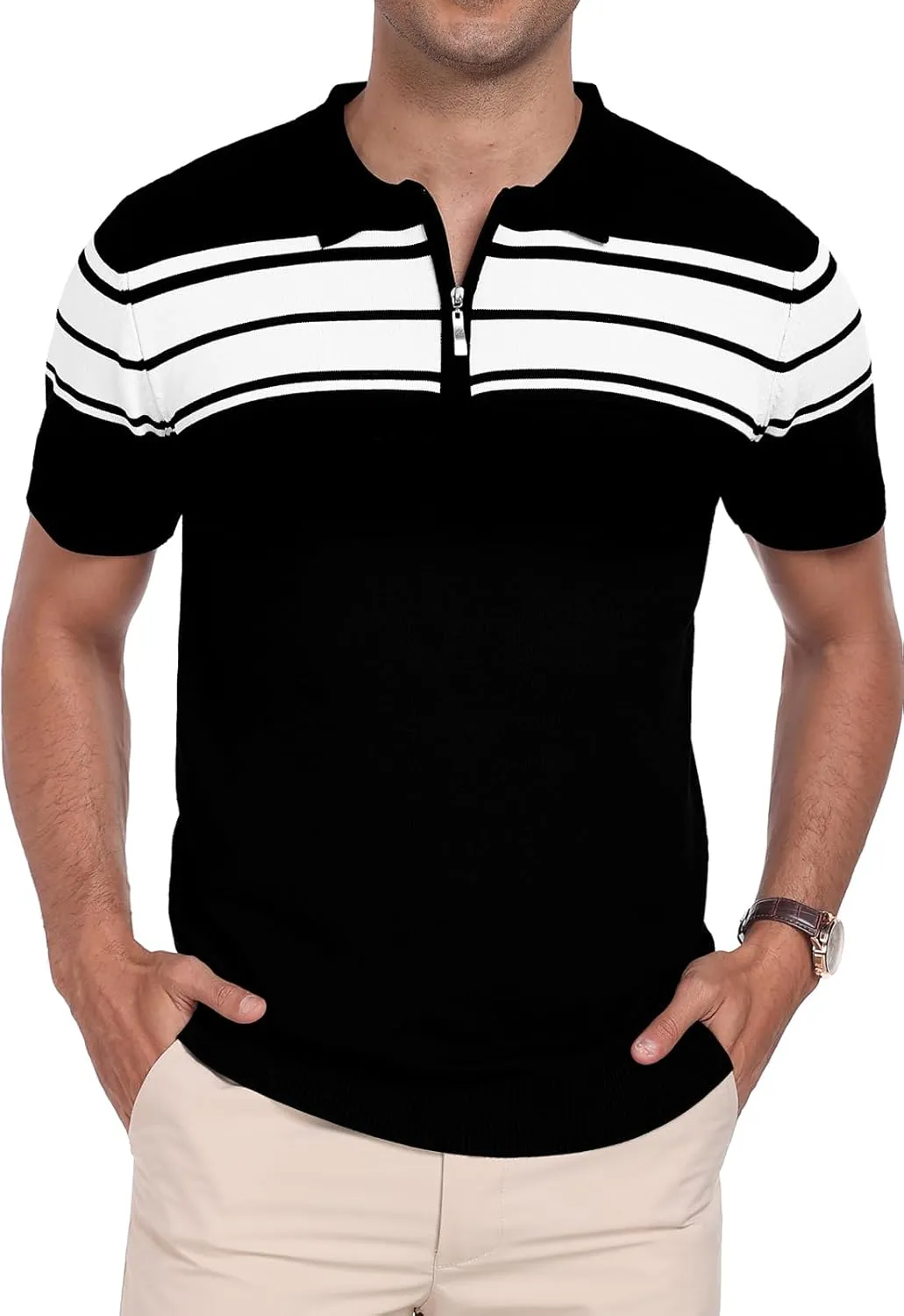 KUYIGO Men's Knit Zipper Collared Polo Shirts Short Sleeve Contrast Striped Tops Classic Fit Casual Soft Shirt