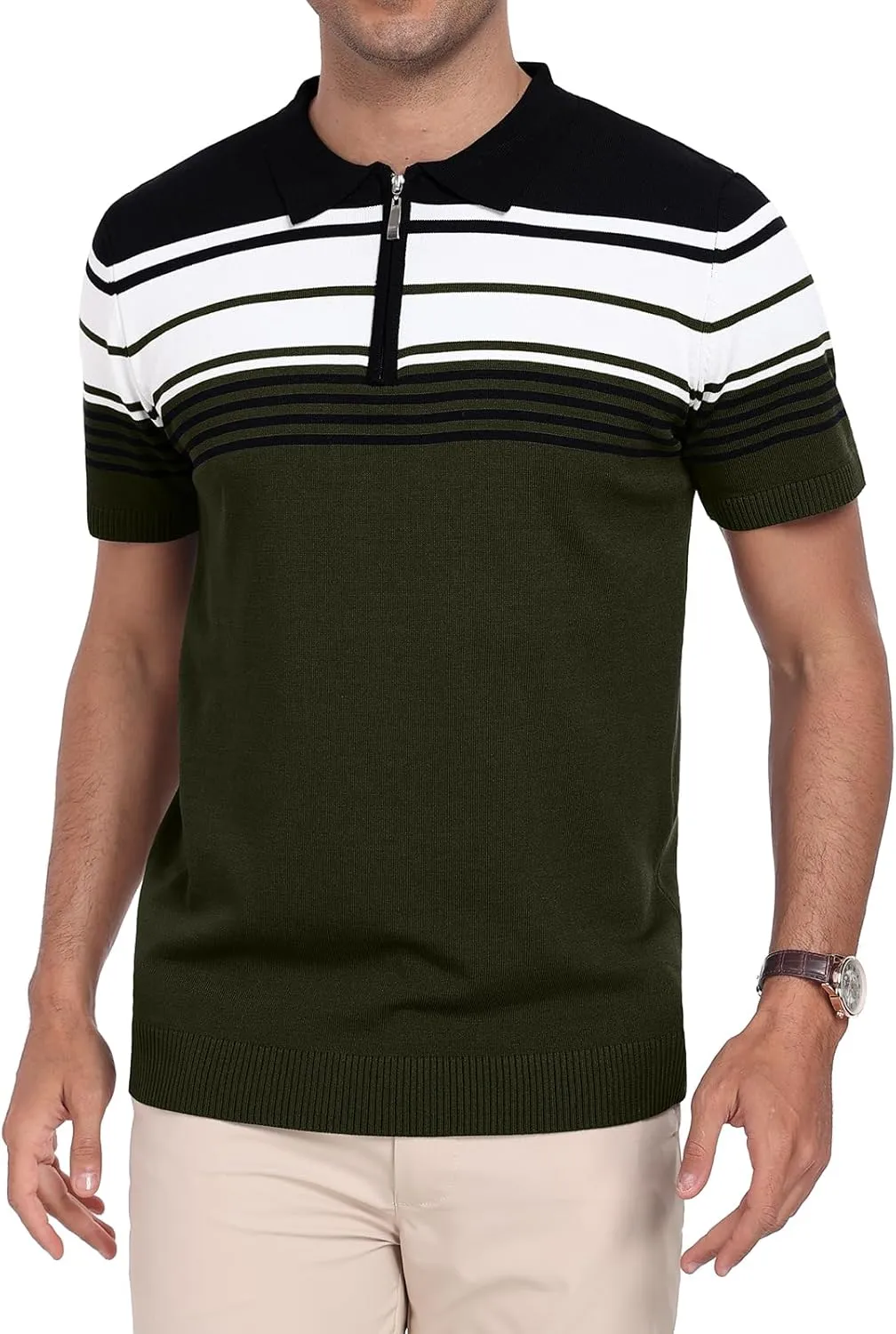 KUYIGO Men's Knit Zipper Collared Polo Shirts Short Sleeve Contrast Striped Tops Classic Fit Casual Soft Shirt