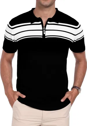 KUYIGO Men's Knit Zipper Collared Polo Shirts Short Sleeve Contrast Striped Tops Classic Fit Casual Soft Shirt