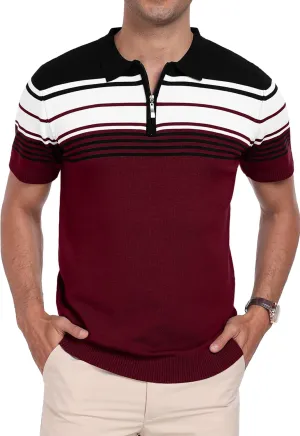 KUYIGO Men's Knit Zipper Collared Polo Shirts Short Sleeve Contrast Striped Tops Classic Fit Casual Soft Shirt
