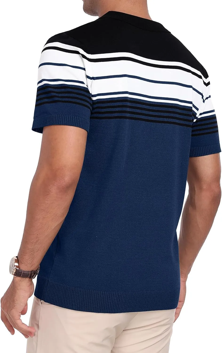 KUYIGO Men's Knit Zipper Collared Polo Shirts Short Sleeve Contrast Striped Tops Classic Fit Casual Soft Shirt