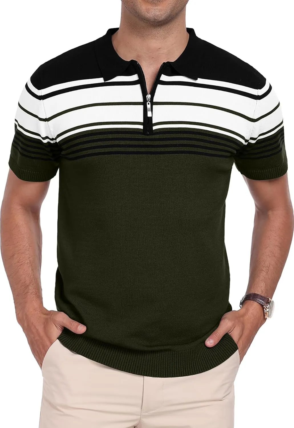 KUYIGO Men's Knit Zipper Collared Polo Shirts Short Sleeve Contrast Striped Tops Classic Fit Casual Soft Shirt