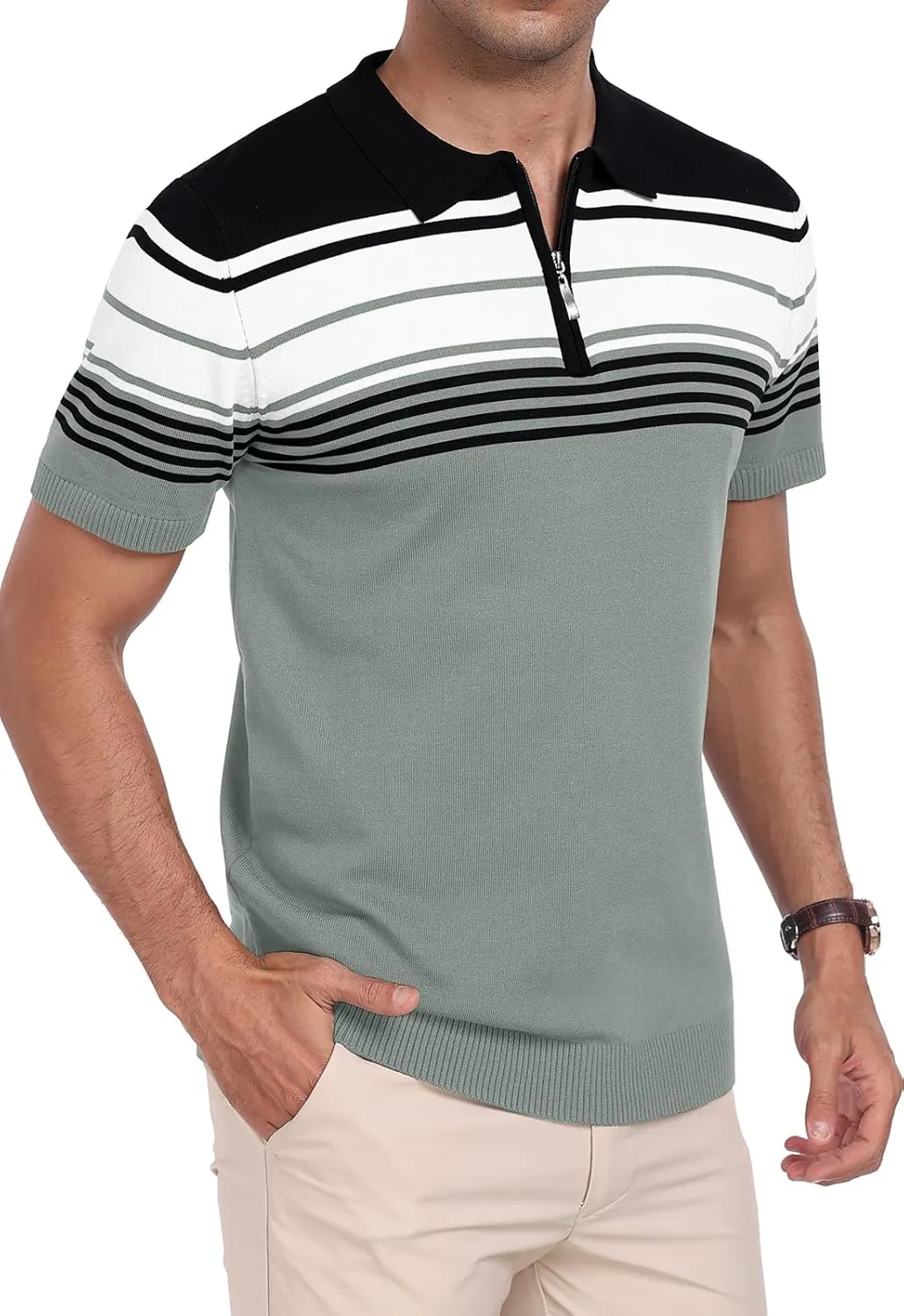 KUYIGO Men's Knit Zipper Collared Polo Shirts Short Sleeve Contrast Striped Tops Classic Fit Casual Soft Shirt