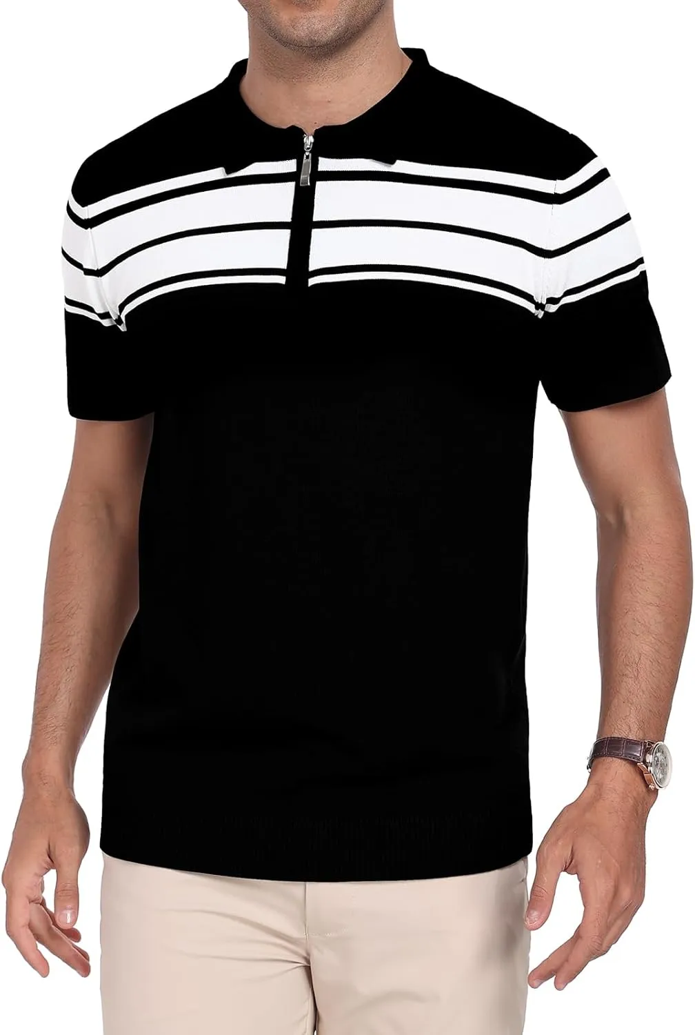 KUYIGO Men's Knit Zipper Collared Polo Shirts Short Sleeve Contrast Striped Tops Classic Fit Casual Soft Shirt