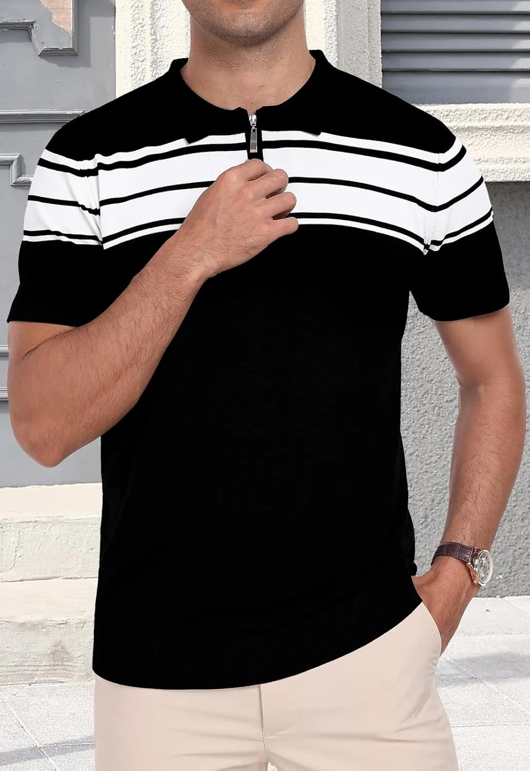 KUYIGO Men's Knit Zipper Collared Polo Shirts Short Sleeve Contrast Striped Tops Classic Fit Casual Soft Shirt