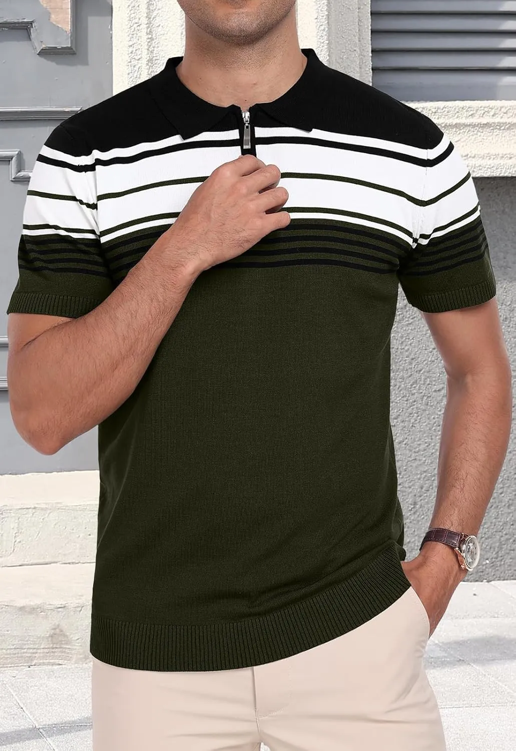 KUYIGO Men's Knit Zipper Collared Polo Shirts Short Sleeve Contrast Striped Tops Classic Fit Casual Soft Shirt