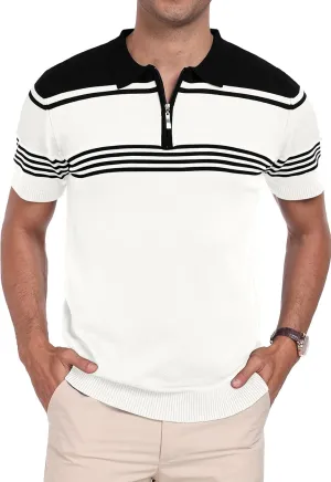 KUYIGO Men's Knit Zipper Collared Polo Shirts Short Sleeve Contrast Striped Tops Classic Fit Casual Soft Shirt