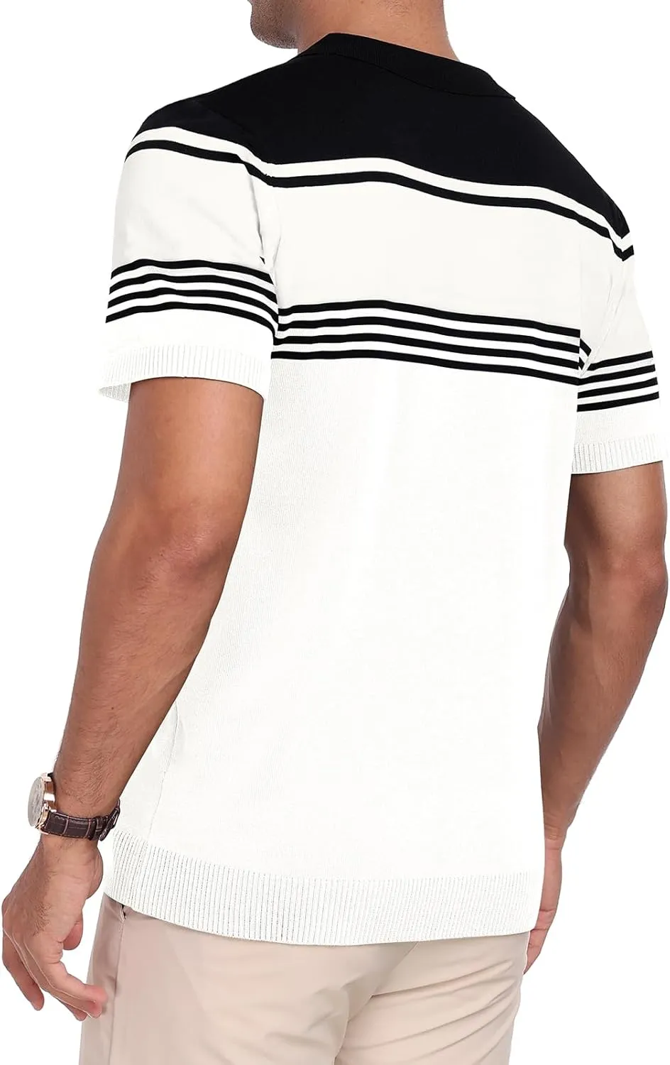KUYIGO Men's Knit Zipper Collared Polo Shirts Short Sleeve Contrast Striped Tops Classic Fit Casual Soft Shirt