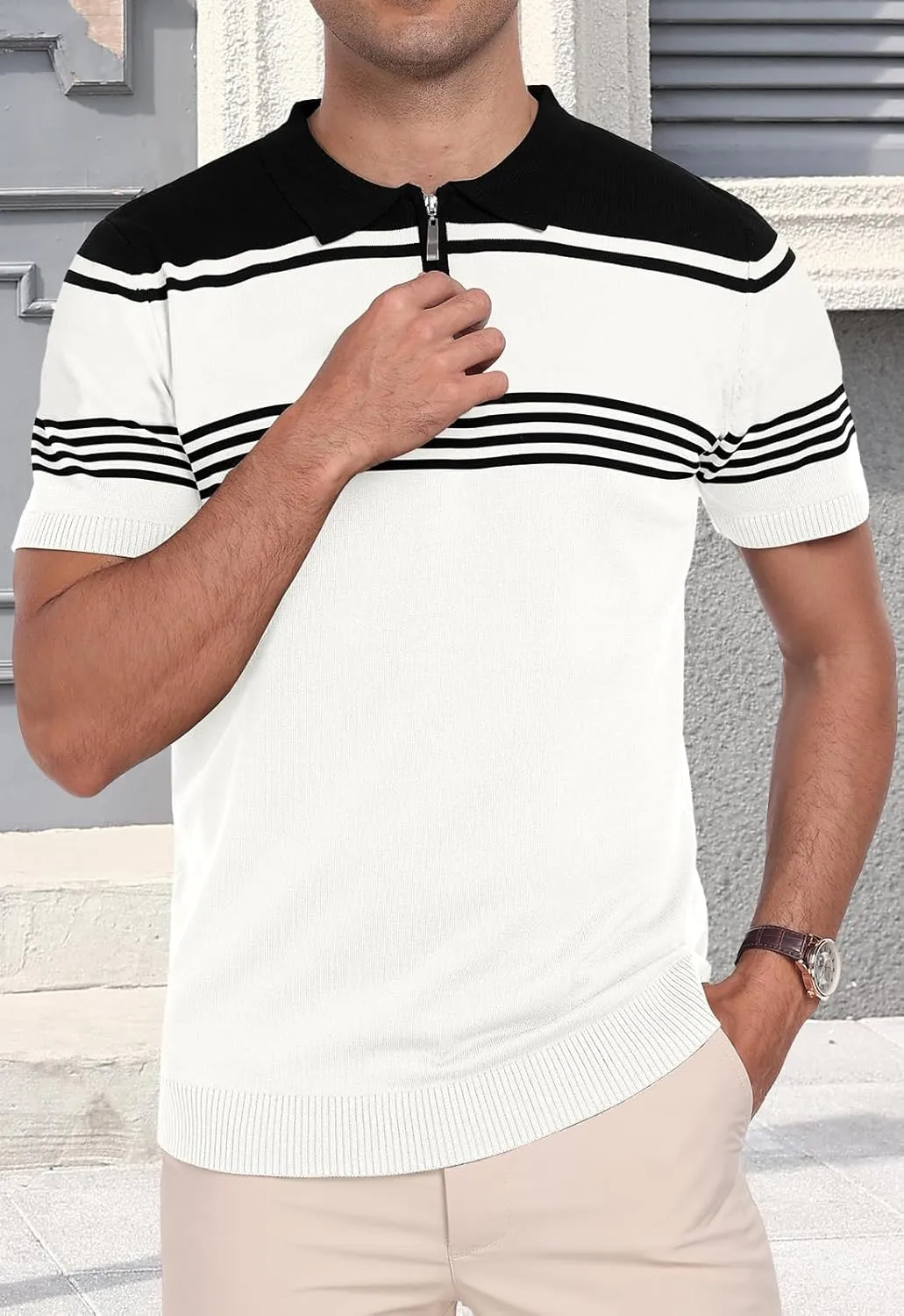 KUYIGO Men's Knit Zipper Collared Polo Shirts Short Sleeve Contrast Striped Tops Classic Fit Casual Soft Shirt