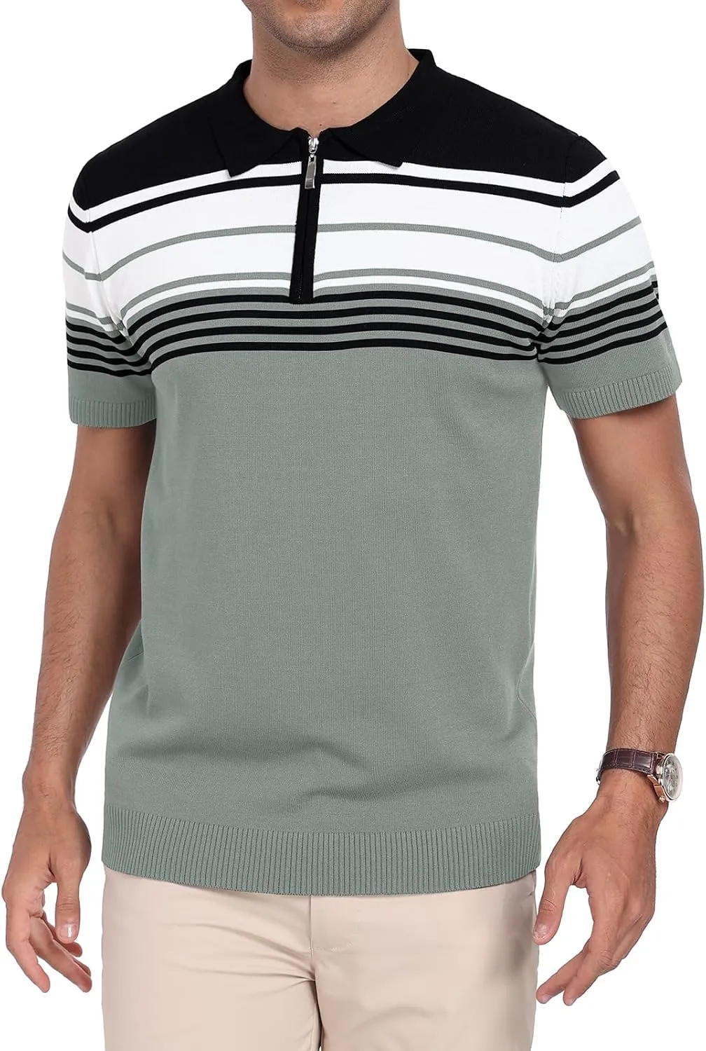 KUYIGO Men's Knit Zipper Collared Polo Shirts Short Sleeve Contrast Striped Tops Classic Fit Casual Soft Shirt