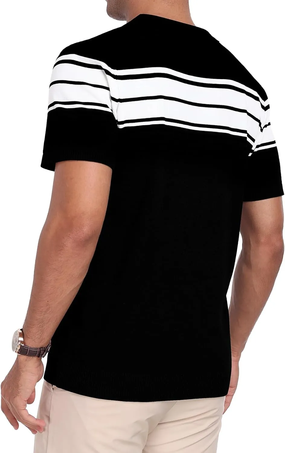 KUYIGO Men's Knit Zipper Collared Polo Shirts Short Sleeve Contrast Striped Tops Classic Fit Casual Soft Shirt