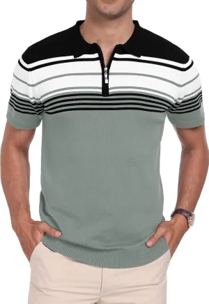 KUYIGO Men's Knit Zipper Collared Polo Shirts Short Sleeve Contrast Striped Tops Classic Fit Casual Soft Shirt