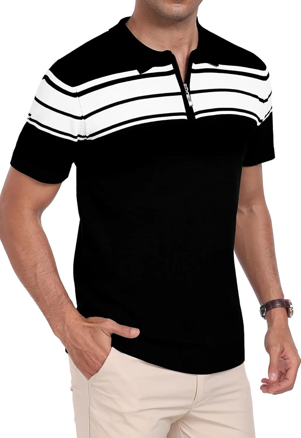 KUYIGO Men's Knit Zipper Collared Polo Shirts Short Sleeve Contrast Striped Tops Classic Fit Casual Soft Shirt