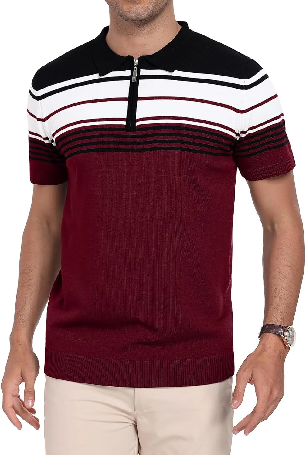 KUYIGO Men's Knit Zipper Collared Polo Shirts Short Sleeve Contrast Striped Tops Classic Fit Casual Soft Shirt
