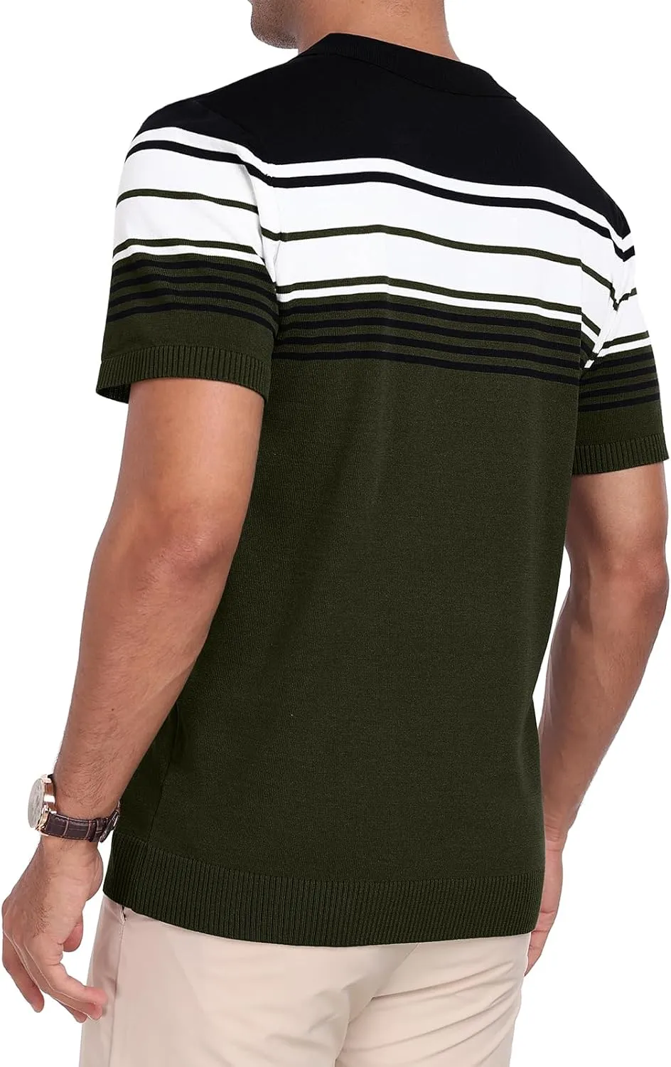 KUYIGO Men's Knit Zipper Collared Polo Shirts Short Sleeve Contrast Striped Tops Classic Fit Casual Soft Shirt