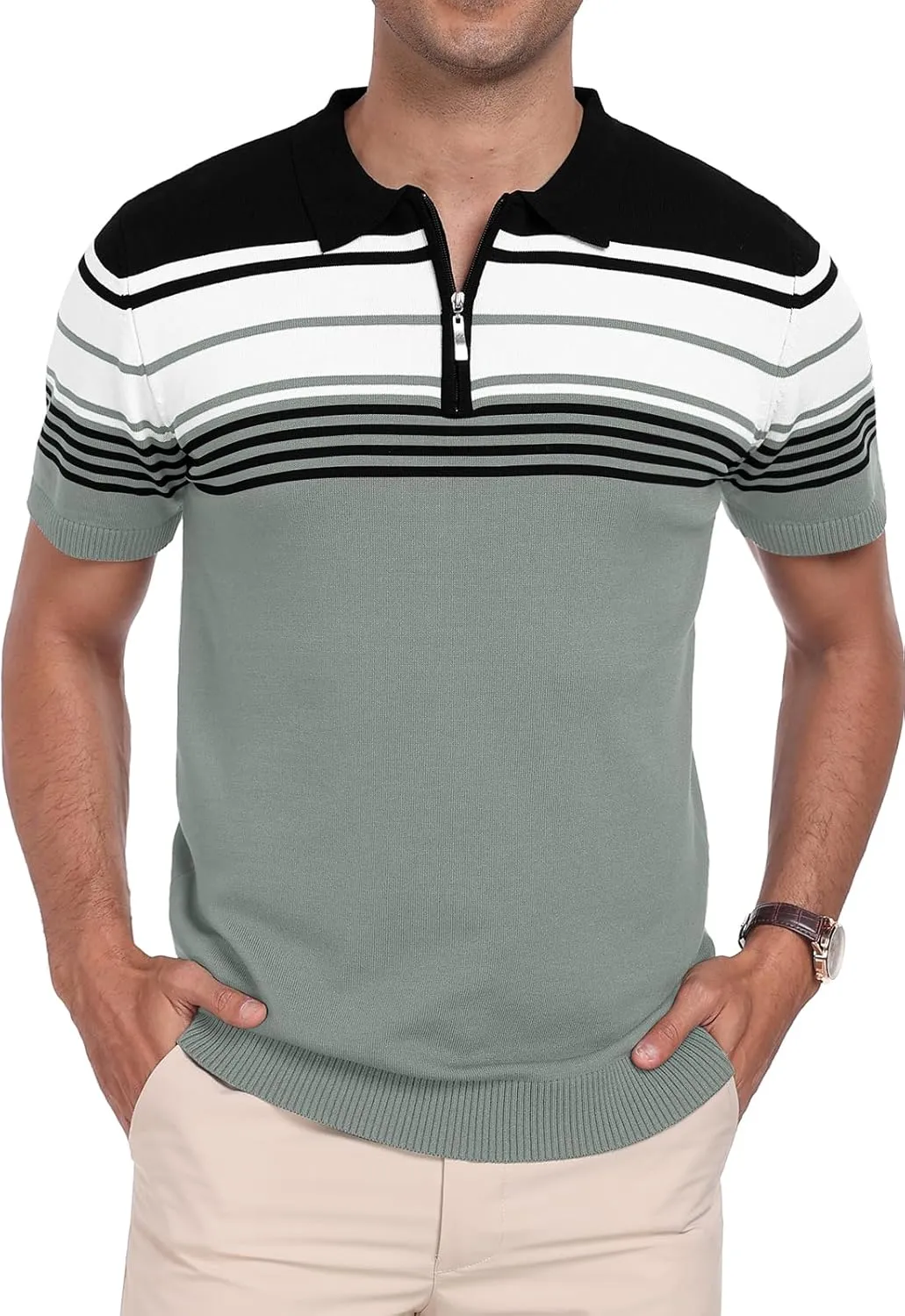 KUYIGO Men's Knit Zipper Collared Polo Shirts Short Sleeve Contrast Striped Tops Classic Fit Casual Soft Shirt