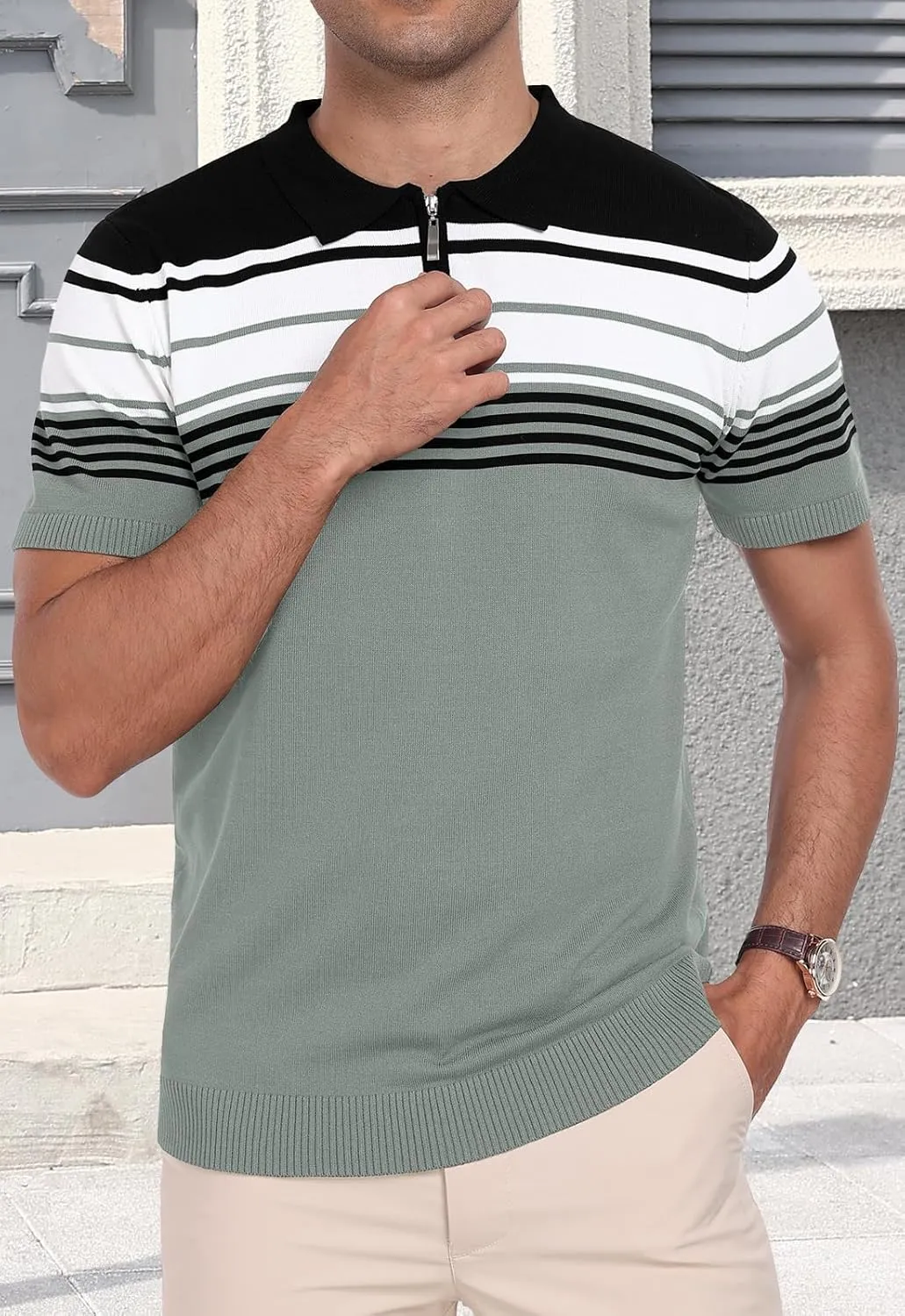 KUYIGO Men's Knit Zipper Collared Polo Shirts Short Sleeve Contrast Striped Tops Classic Fit Casual Soft Shirt