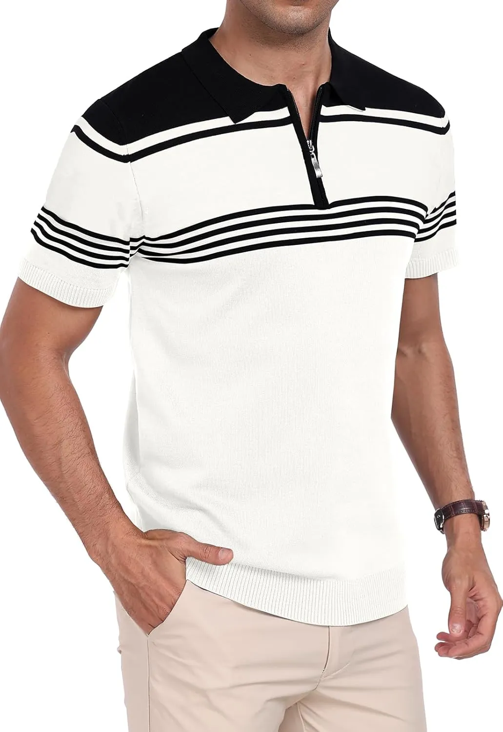 KUYIGO Men's Knit Zipper Collared Polo Shirts Short Sleeve Contrast Striped Tops Classic Fit Casual Soft Shirt