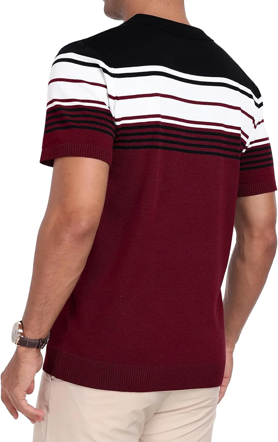 KUYIGO Men's Knit Zipper Collared Polo Shirts Short Sleeve Contrast Striped Tops Classic Fit Casual Soft Shirt