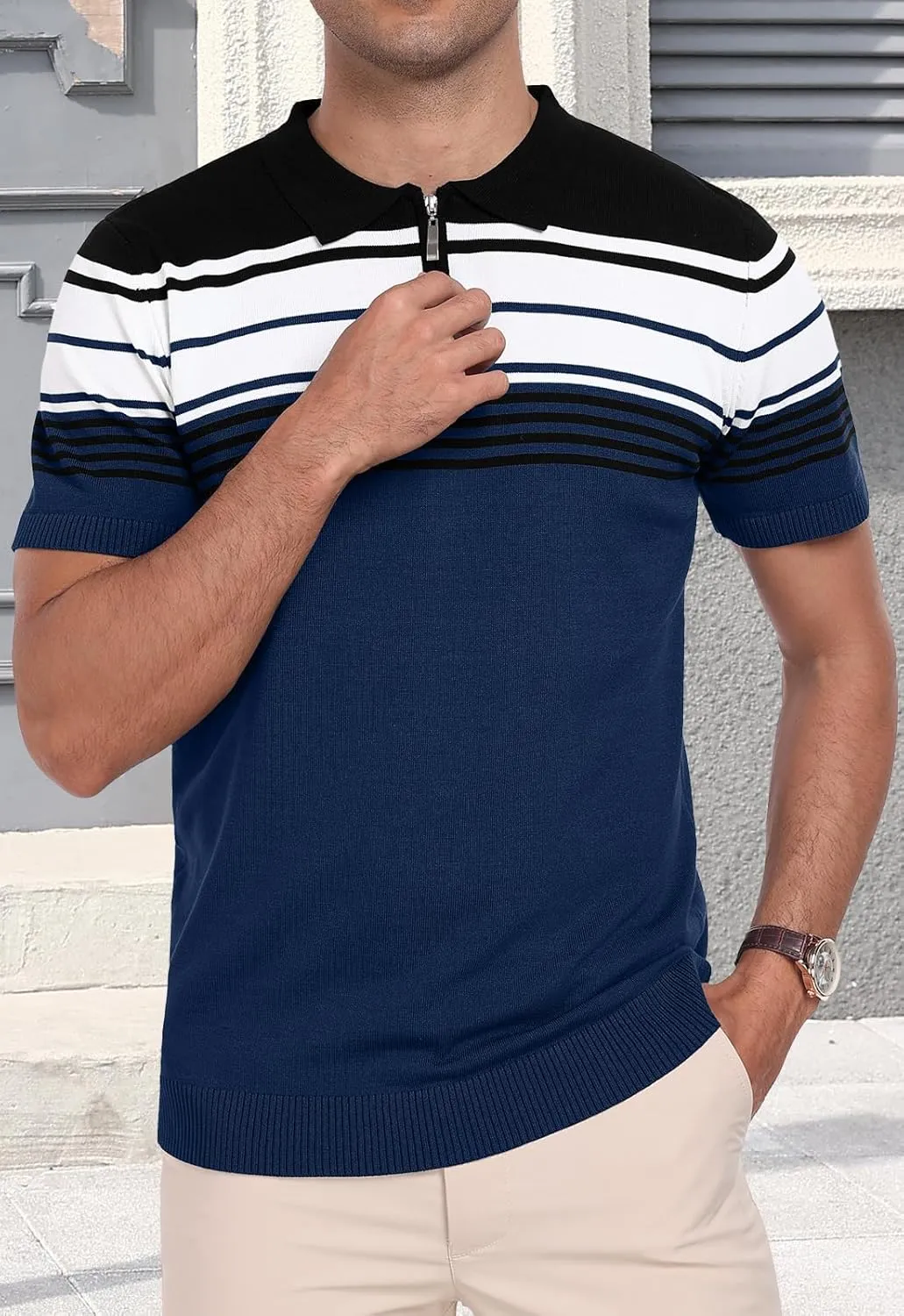 KUYIGO Men's Knit Zipper Collared Polo Shirts Short Sleeve Contrast Striped Tops Classic Fit Casual Soft Shirt