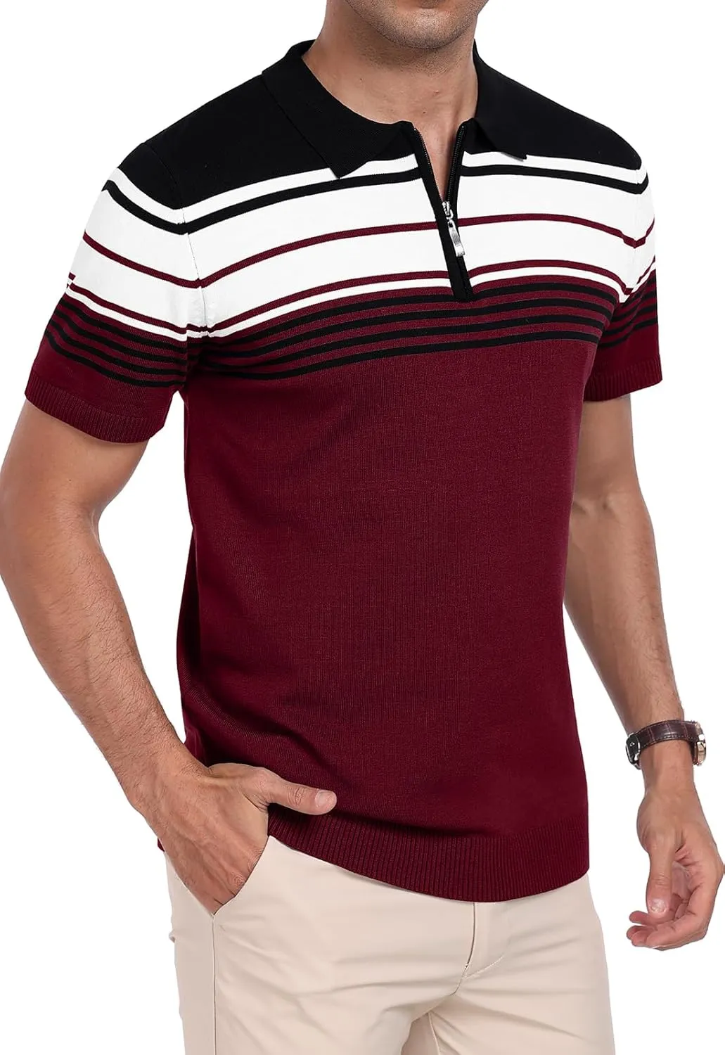KUYIGO Men's Knit Zipper Collared Polo Shirts Short Sleeve Contrast Striped Tops Classic Fit Casual Soft Shirt