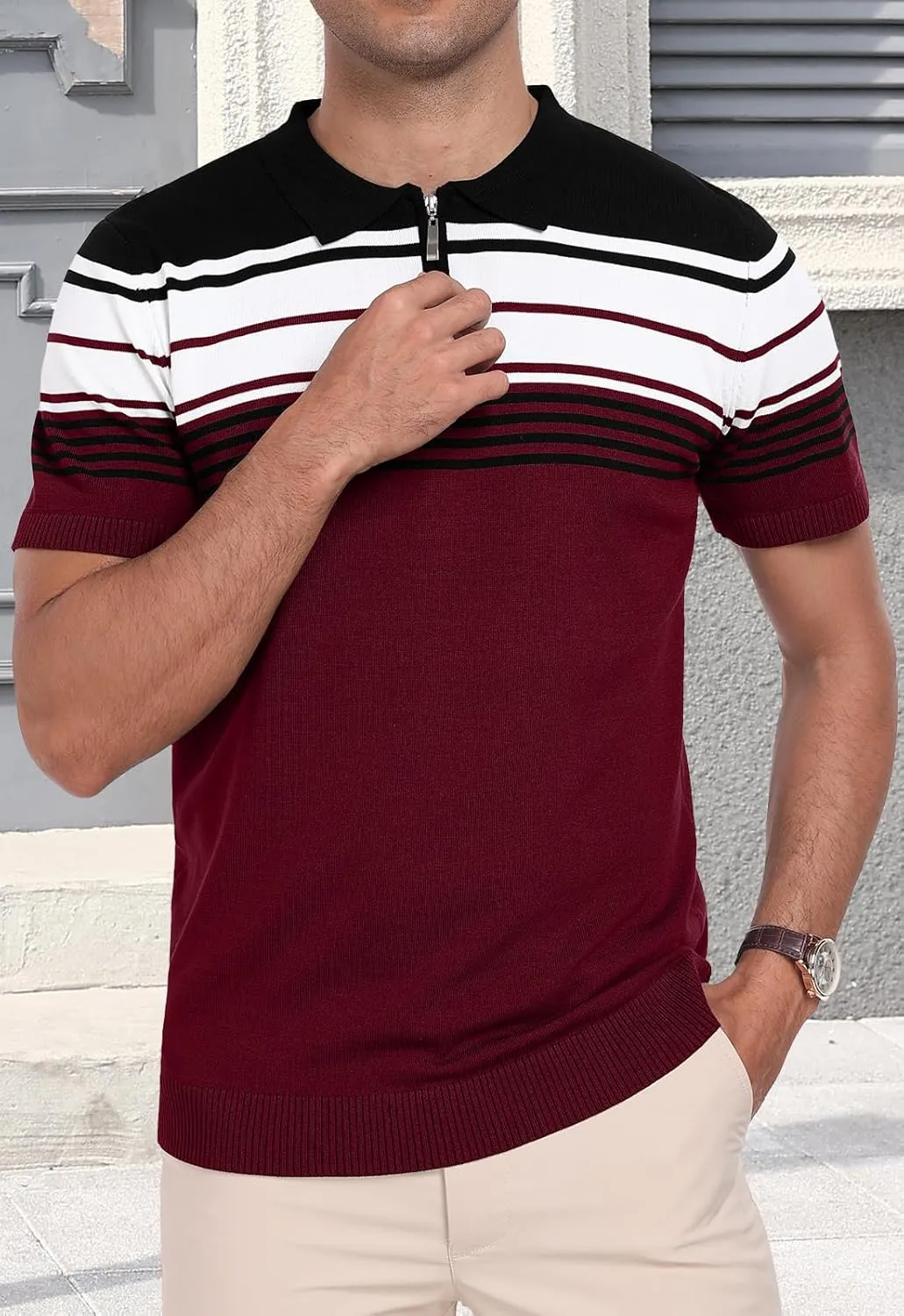 KUYIGO Men's Knit Zipper Collared Polo Shirts Short Sleeve Contrast Striped Tops Classic Fit Casual Soft Shirt