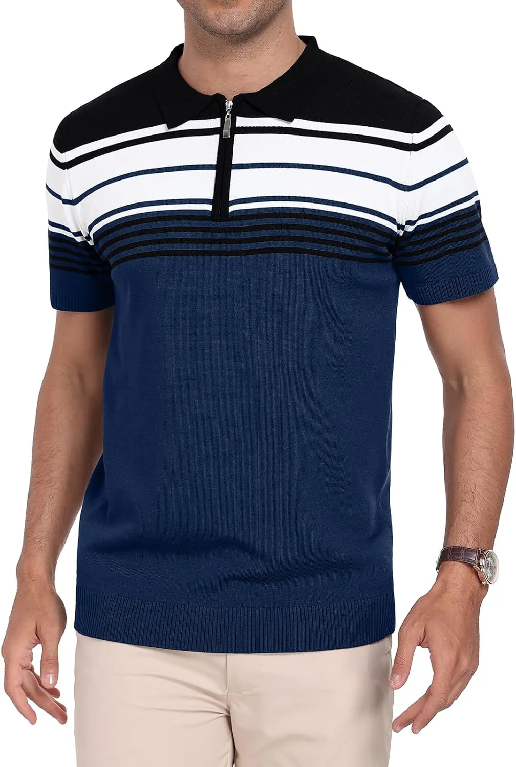 KUYIGO Men's Knit Zipper Collared Polo Shirts Short Sleeve Contrast Striped Tops Classic Fit Casual Soft Shirt