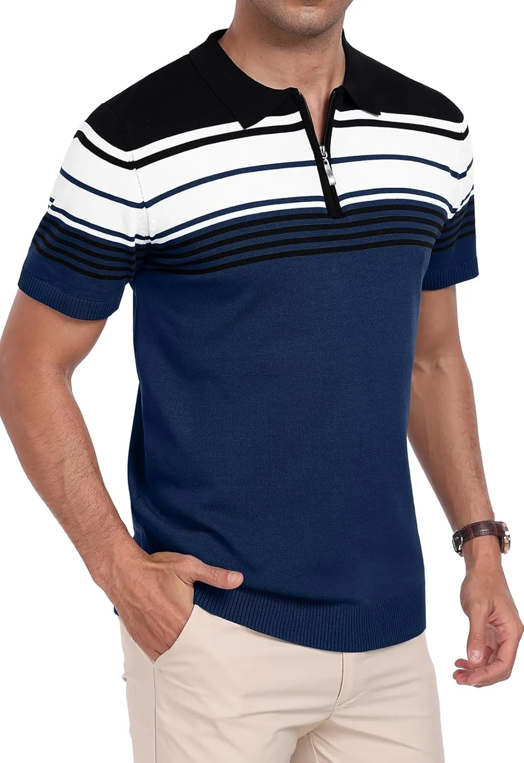 KUYIGO Men's Knit Zipper Collared Polo Shirts Short Sleeve Contrast Striped Tops Classic Fit Casual Soft Shirt