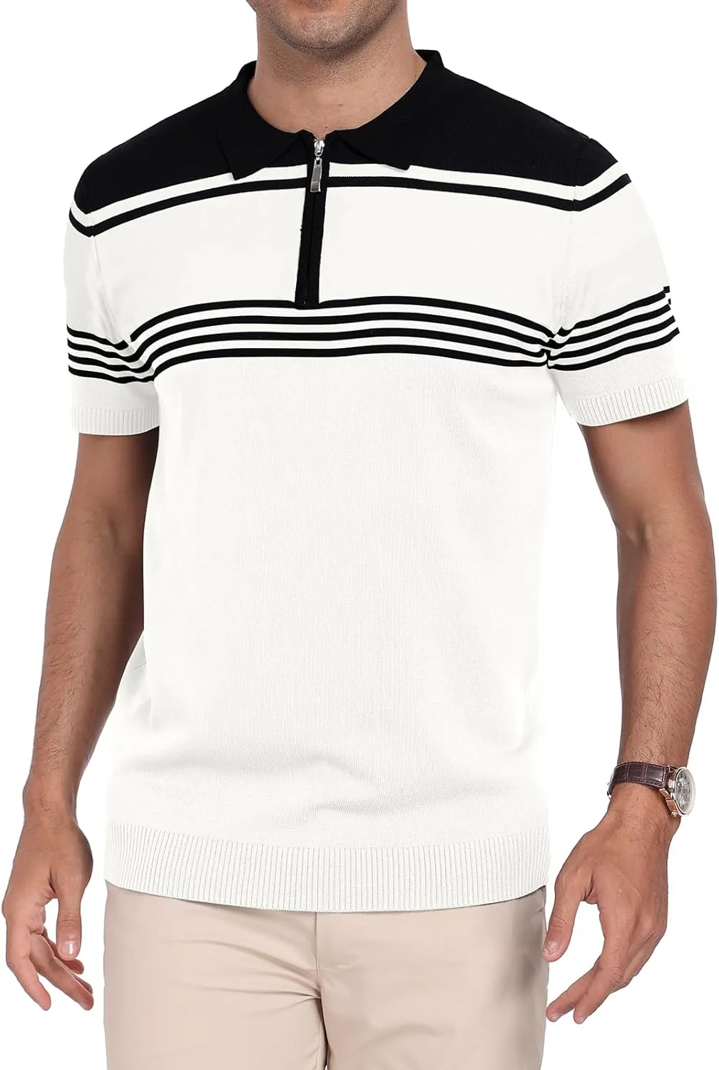 KUYIGO Men's Knit Zipper Collared Polo Shirts Short Sleeve Contrast Striped Tops Classic Fit Casual Soft Shirt