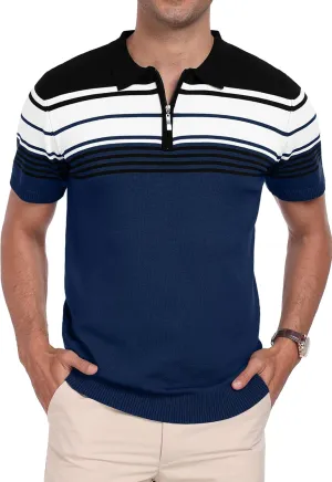 KUYIGO Men's Knit Zipper Collared Polo Shirts Short Sleeve Contrast Striped Tops Classic Fit Casual Soft Shirt