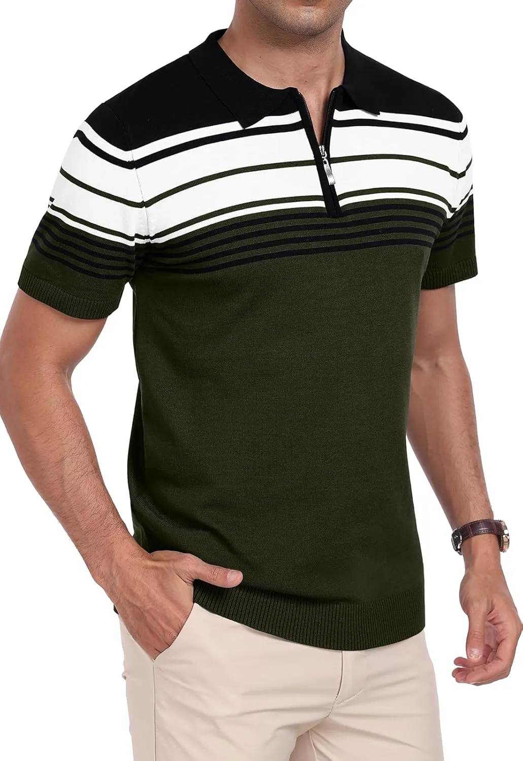 KUYIGO Men's Knit Zipper Collared Polo Shirts Short Sleeve Contrast Striped Tops Classic Fit Casual Soft Shirt