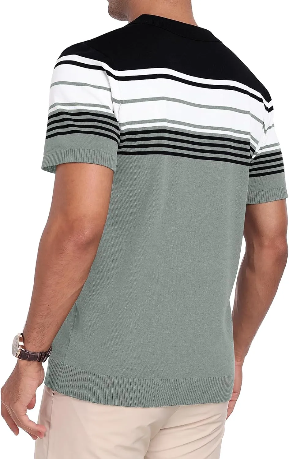 KUYIGO Men's Knit Zipper Collared Polo Shirts Short Sleeve Contrast Striped Tops Classic Fit Casual Soft Shirt