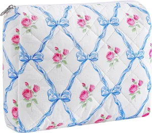Large Travel Makeup Bag Cosmetic Bag for Women Girls, Cute Large Floral Cotton Cosmetic Bag, Zipper Toiletry Bag Makeup Brushes Accessories Organizer Storage Bag (Blue Bowknot)
