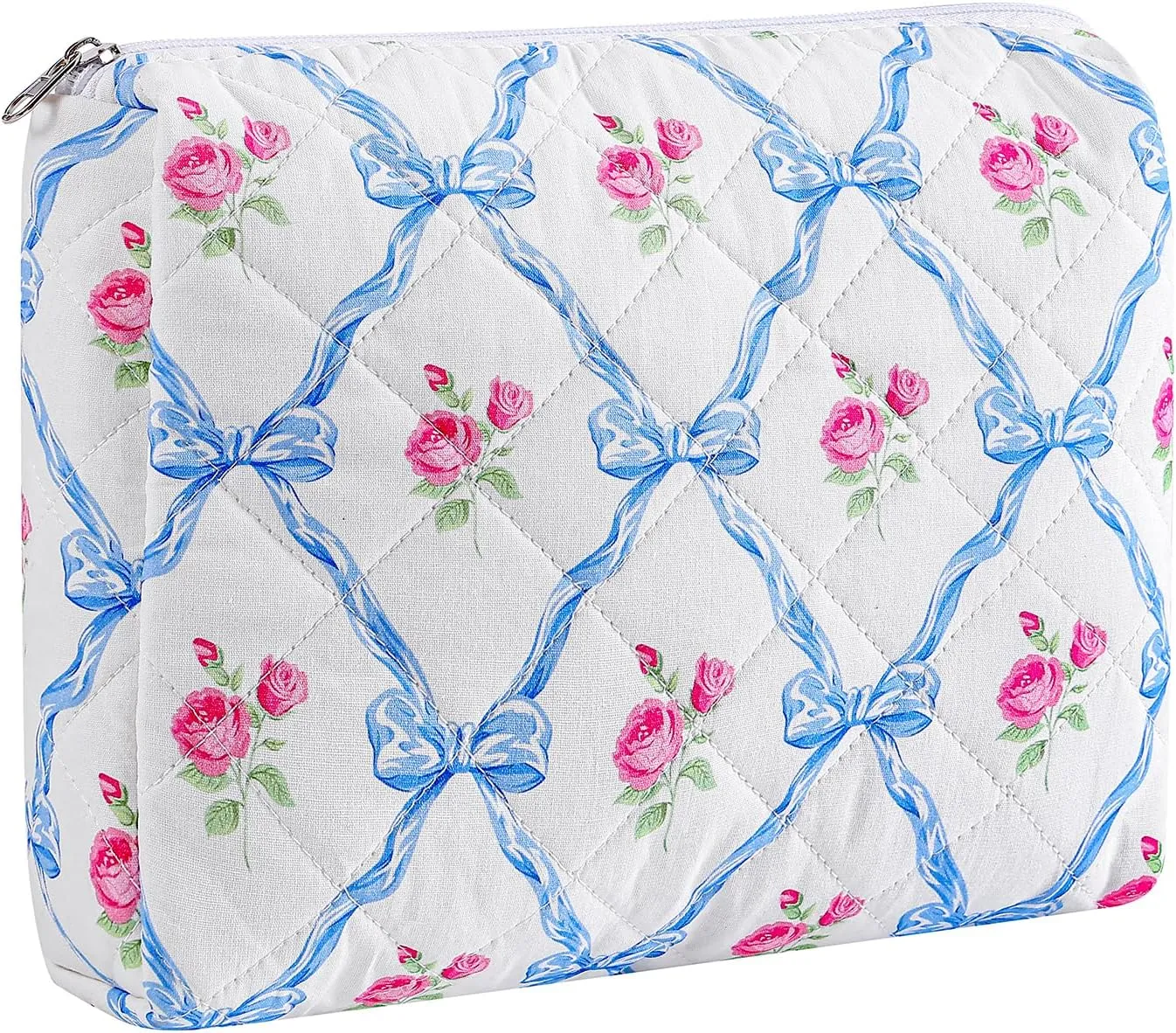 Large Travel Makeup Bag Cosmetic Bag for Women Girls, Cute Large Floral Cotton Cosmetic Bag, Zipper Toiletry Bag Makeup Brushes Accessories Organizer Storage Bag (Blue Bowknot)