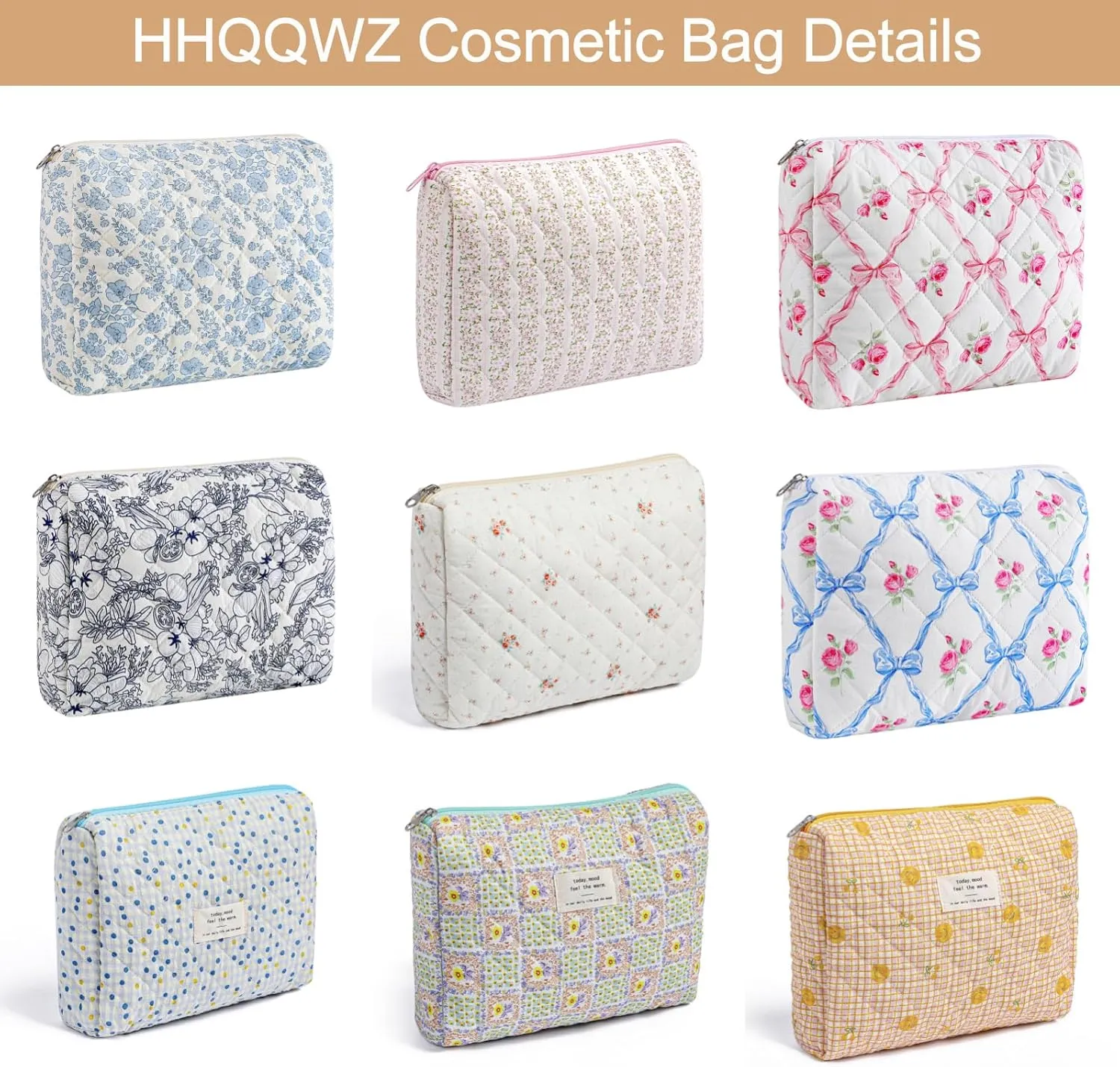 Large Travel Makeup Bag Cosmetic Bag for Women Girls, Cute Large Floral Cotton Cosmetic Bag, Zipper Toiletry Bag Makeup Brushes Accessories Organizer Storage Bag (Blue Bowknot)