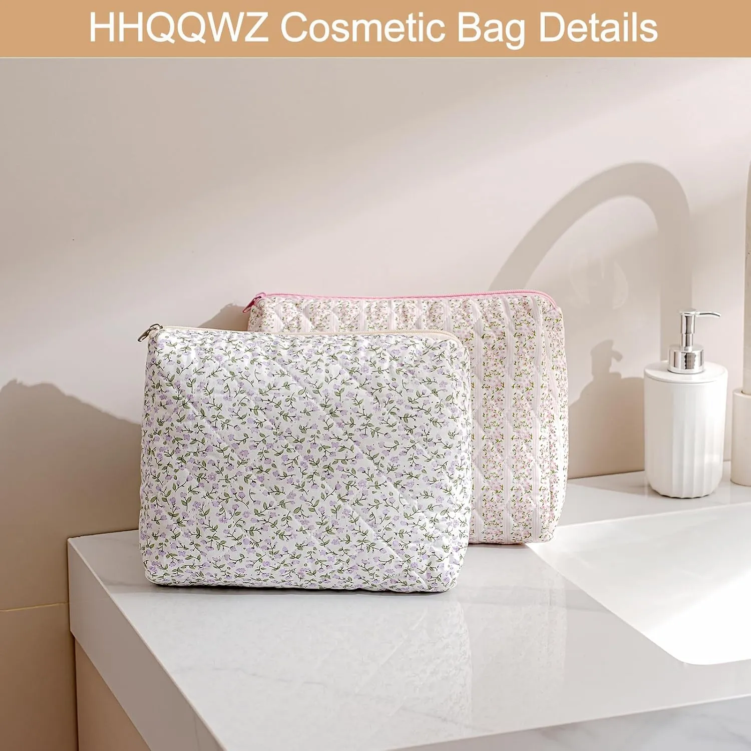 Large Travel Makeup Bag Cosmetic Bag for Women Girls, Cute Large Floral Cotton Cosmetic Bag, Zipper Toiletry Bag Makeup Brushes Accessories Organizer Storage Bag (Blue Bowknot)
