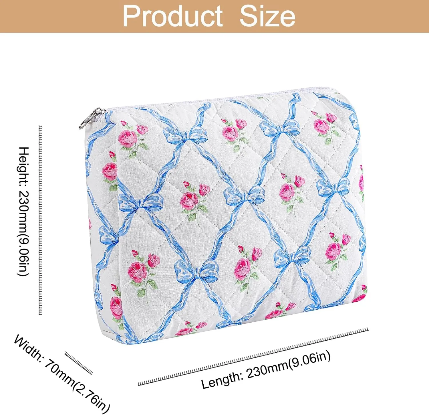 Large Travel Makeup Bag Cosmetic Bag for Women Girls, Cute Large Floral Cotton Cosmetic Bag, Zipper Toiletry Bag Makeup Brushes Accessories Organizer Storage Bag (Blue Bowknot)