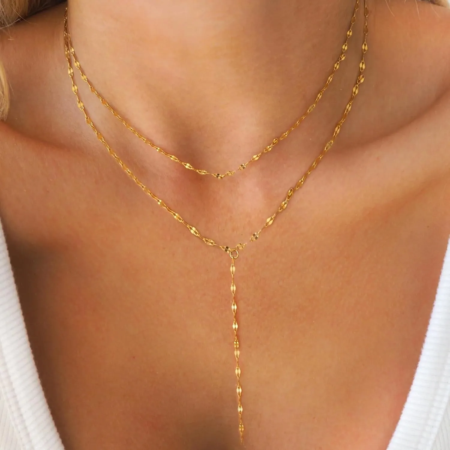 Lariat Necklaces for Women,Dainty Long Gold Necklaces 14K Gold Plated Lariat Necklace With CZ Y-Shaped Pendant Necklace Simple Non Tarnish Chain Layered Necklace Trendy Gold Jewelry for Women
