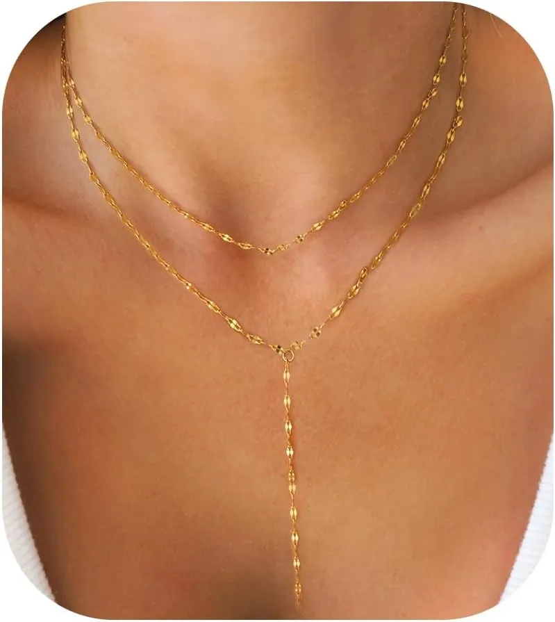 Lariat Necklaces for Women,Dainty Long Gold Necklaces 14K Gold Plated Lariat Necklace With CZ Y-Shaped Pendant Necklace Simple Non Tarnish Chain Layered Necklace Trendy Gold Jewelry for Women
