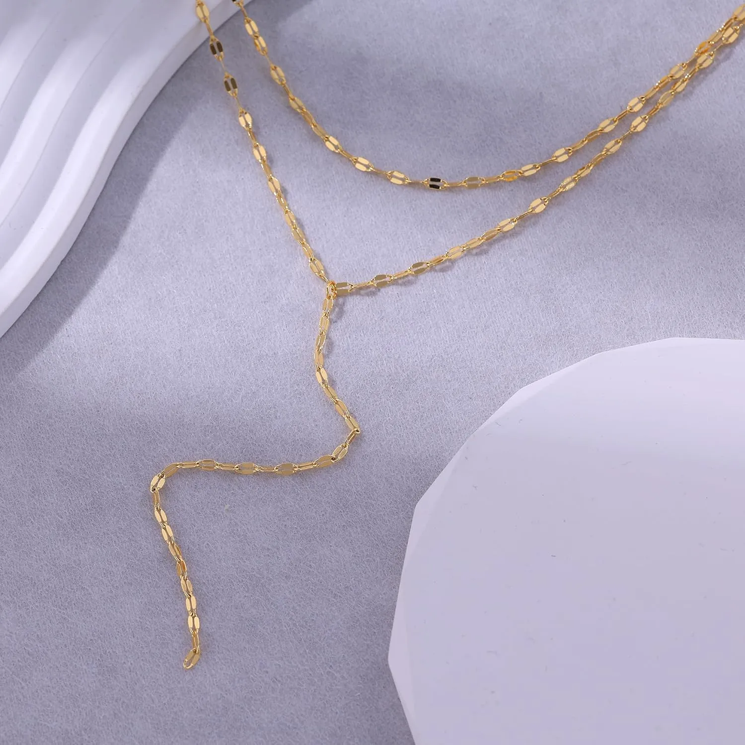 Lariat Necklaces for Women,Dainty Long Gold Necklaces 14K Gold Plated Lariat Necklace With CZ Y-Shaped Pendant Necklace Simple Non Tarnish Chain Layered Necklace Trendy Gold Jewelry for Women