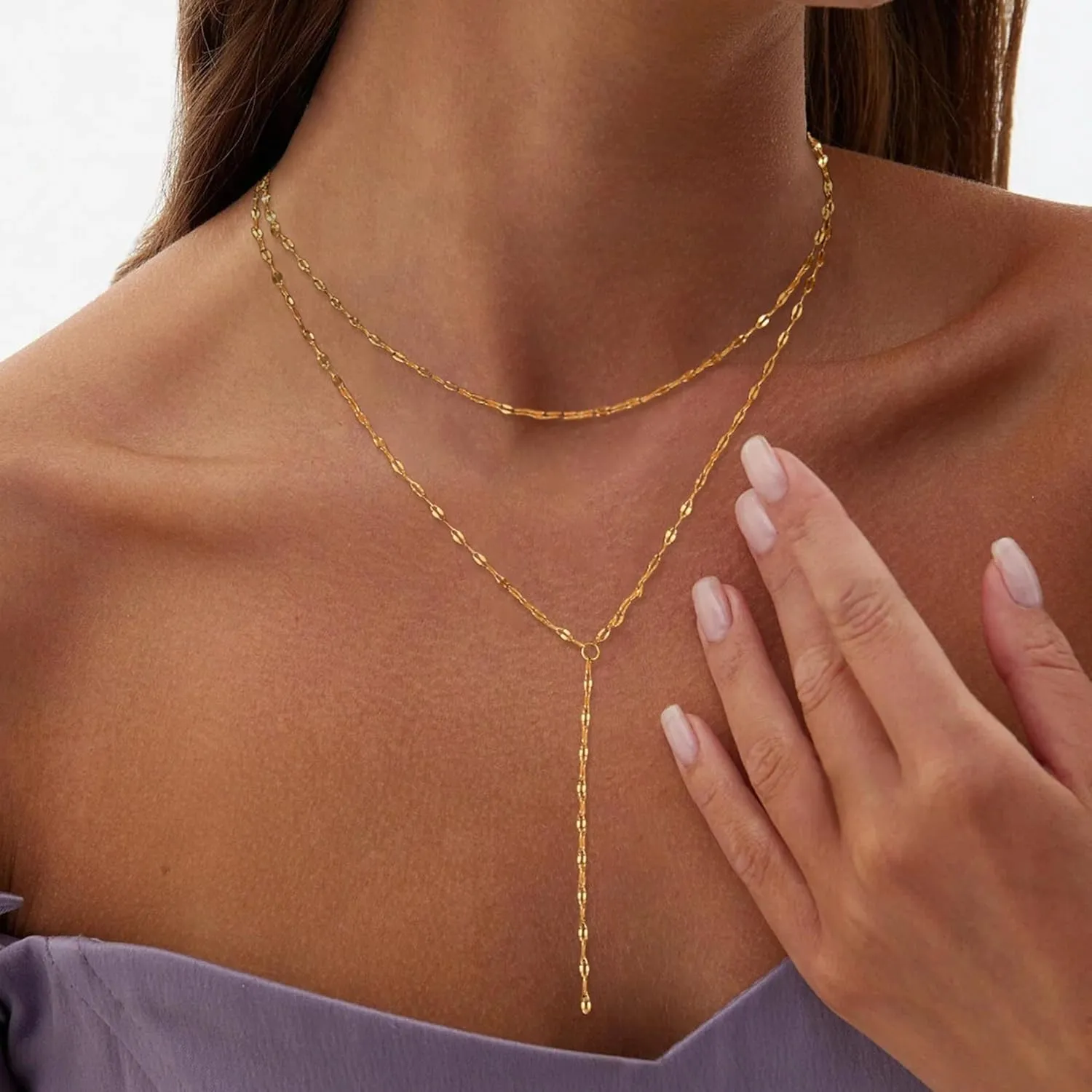 Lariat Necklaces for Women,Dainty Long Gold Necklaces 14K Gold Plated Lariat Necklace With CZ Y-Shaped Pendant Necklace Simple Non Tarnish Chain Layered Necklace Trendy Gold Jewelry for Women