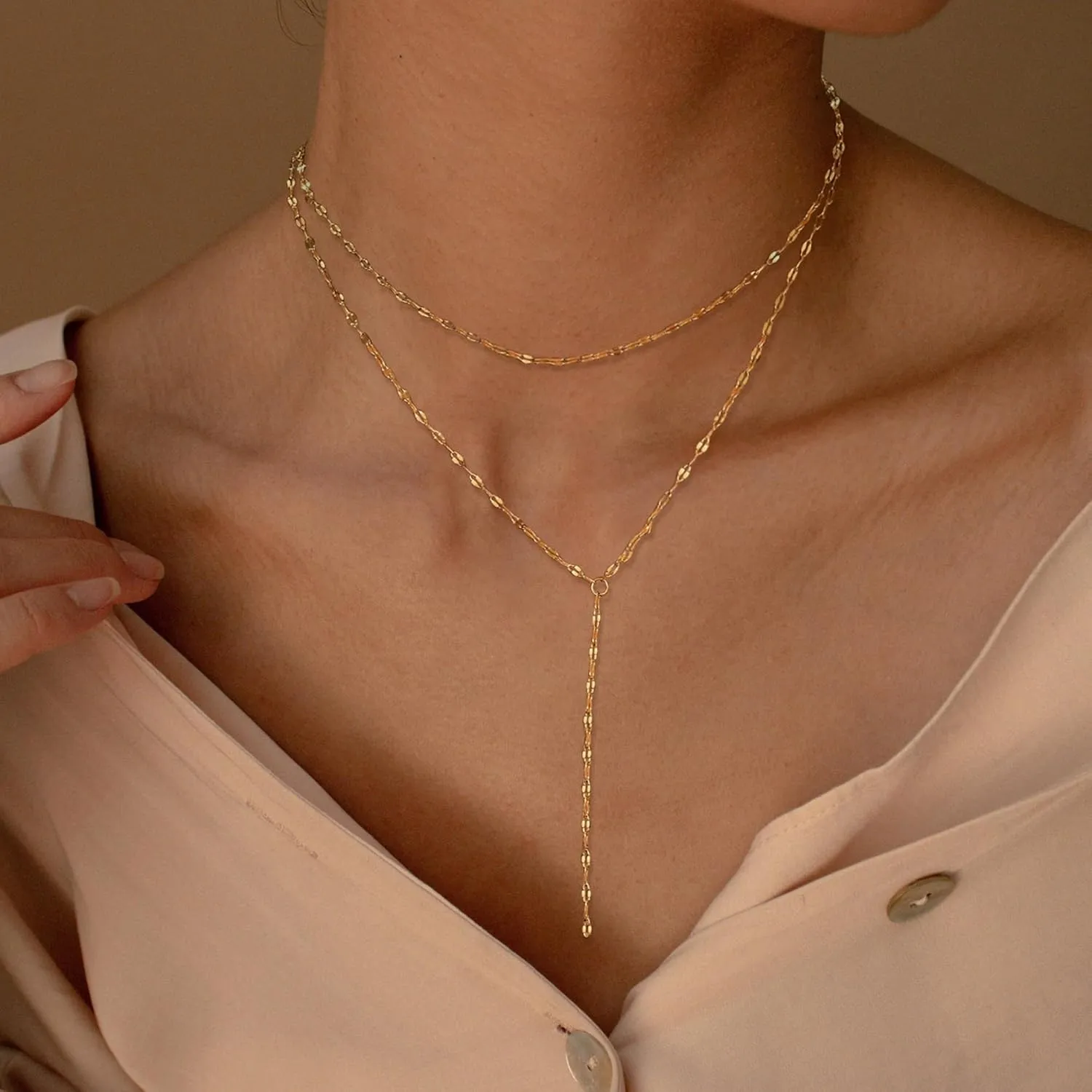 Lariat Necklaces for Women,Dainty Long Gold Necklaces 14K Gold Plated Lariat Necklace With CZ Y-Shaped Pendant Necklace Simple Non Tarnish Chain Layered Necklace Trendy Gold Jewelry for Women