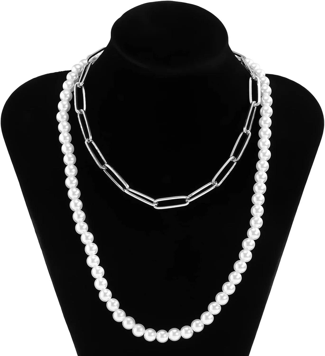 Layered Choker Necklace, Dainty Layered Necklaces for Women Openwork Pearl Cross Chain Chain Necklaces Jewelry Birthday Gift for Her, 2 Pieces