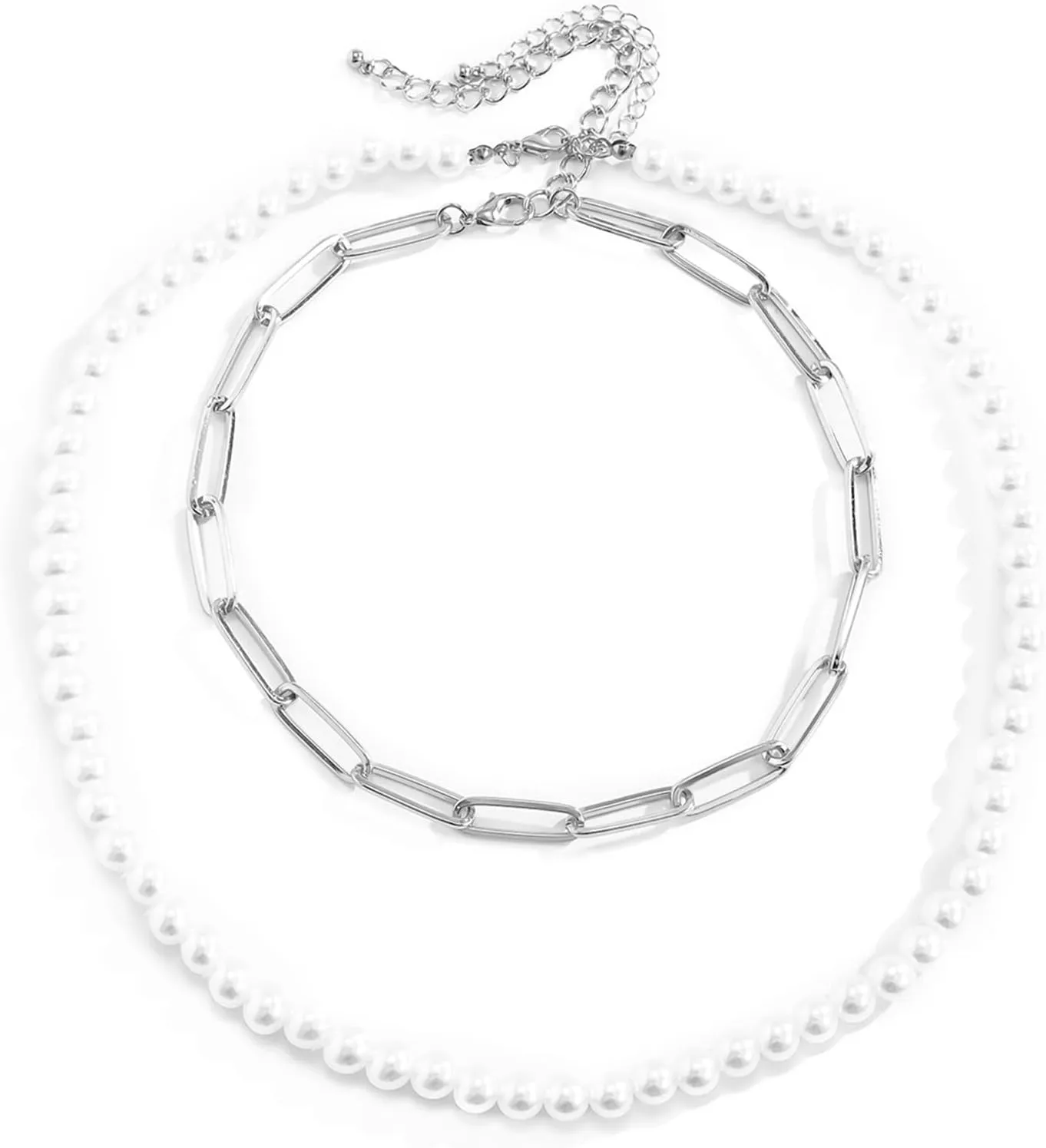 Layered Choker Necklace, Dainty Layered Necklaces for Women Openwork Pearl Cross Chain Chain Necklaces Jewelry Birthday Gift for Her, 2 Pieces