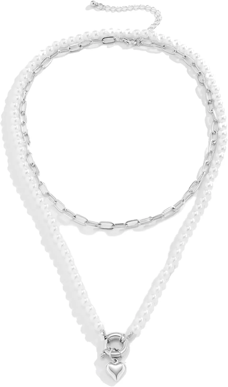 Layered Choker Necklaces for Women, Dainty Layered Choker Necklace Pearl Heart Pendant Chain Necklaces Jewelry Gifts for Birthday Wedding, 2 Pieces