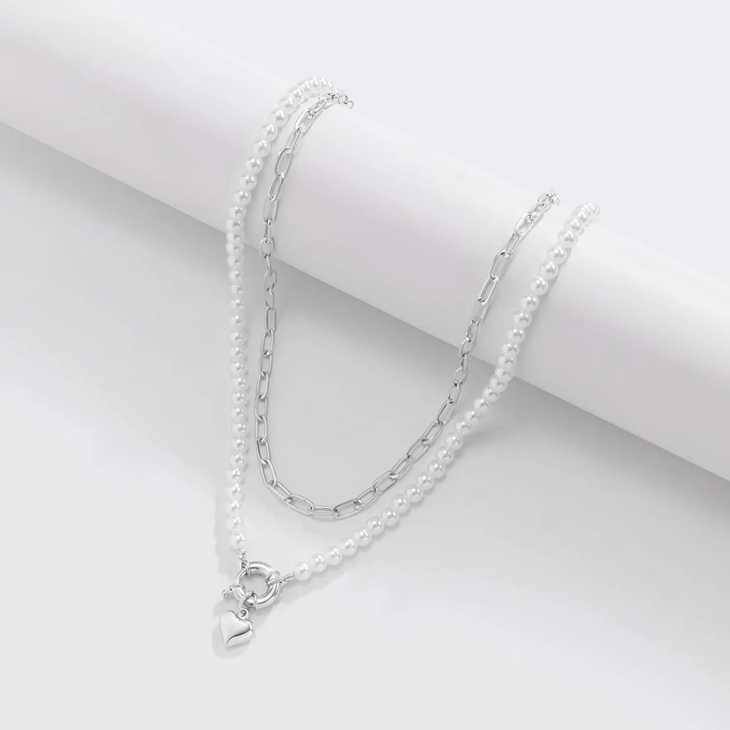 Layered Choker Necklaces for Women, Dainty Layered Choker Necklace Pearl Heart Pendant Chain Necklaces Jewelry Gifts for Birthday Wedding, 2 Pieces