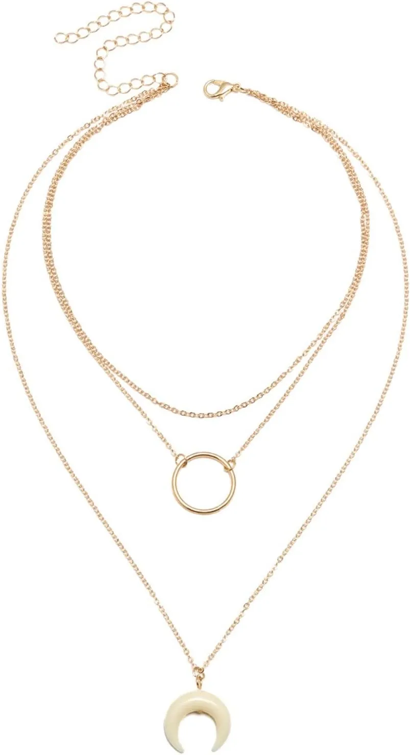 Layered Gold Necklace, Dainty Layering Necklaces for Women Crescent Circle Pendant Chain Necklaces Jewelry Gifts, 3 Layers, Gold, 40CM